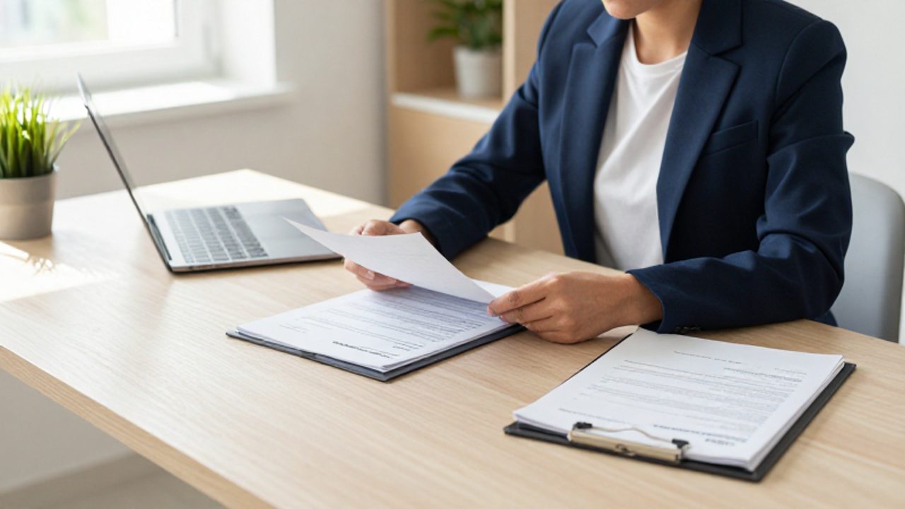 Un profesional autónomo revisa documentos legales y carpetas de seguros en su oficina en casa con un ambiente ordenado y tranquilo.