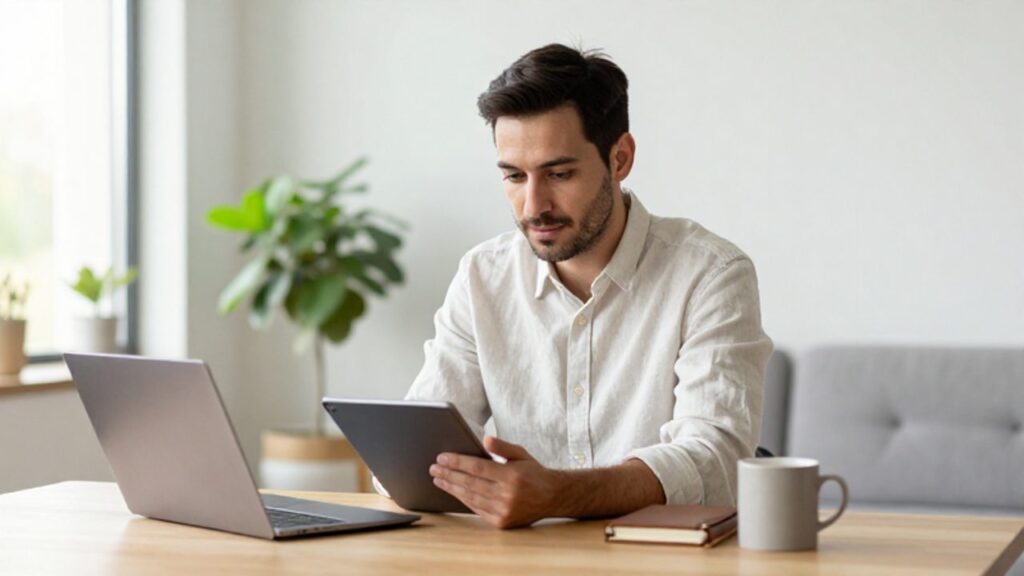 Un hombre trabajando concentrado con una tableta en un despacho luminoso y organizado, transmitiendo una sensación de control y tranquilidad profesional.
