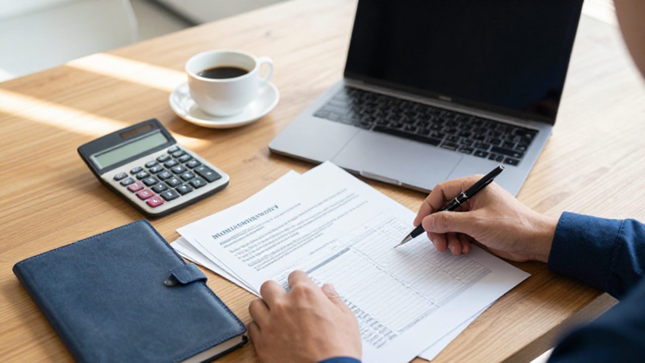 Manos organizando facturas de servicios, una calculadora y un planificador sobre un escritorio de madera para revisar gastos.