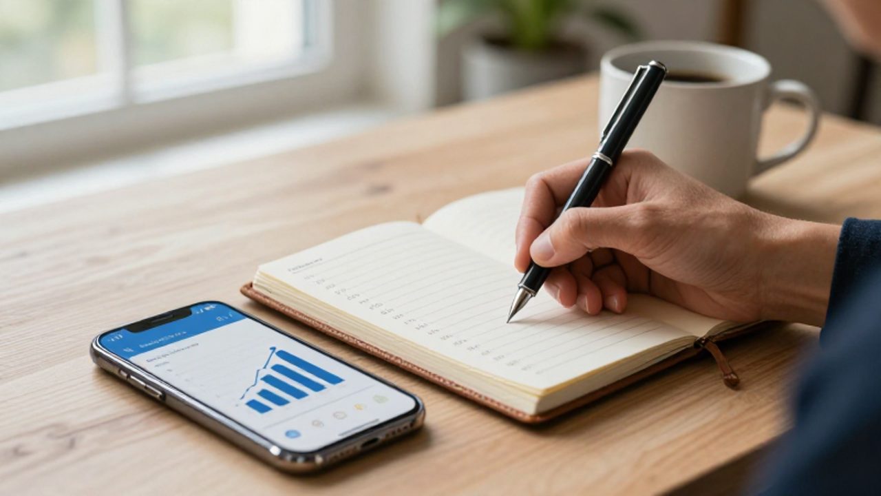 Persona anotando un presupuesto en un cuaderno junto a un teléfono móvil que muestra gráficos financieros de crecimiento en un escritorio luminoso.