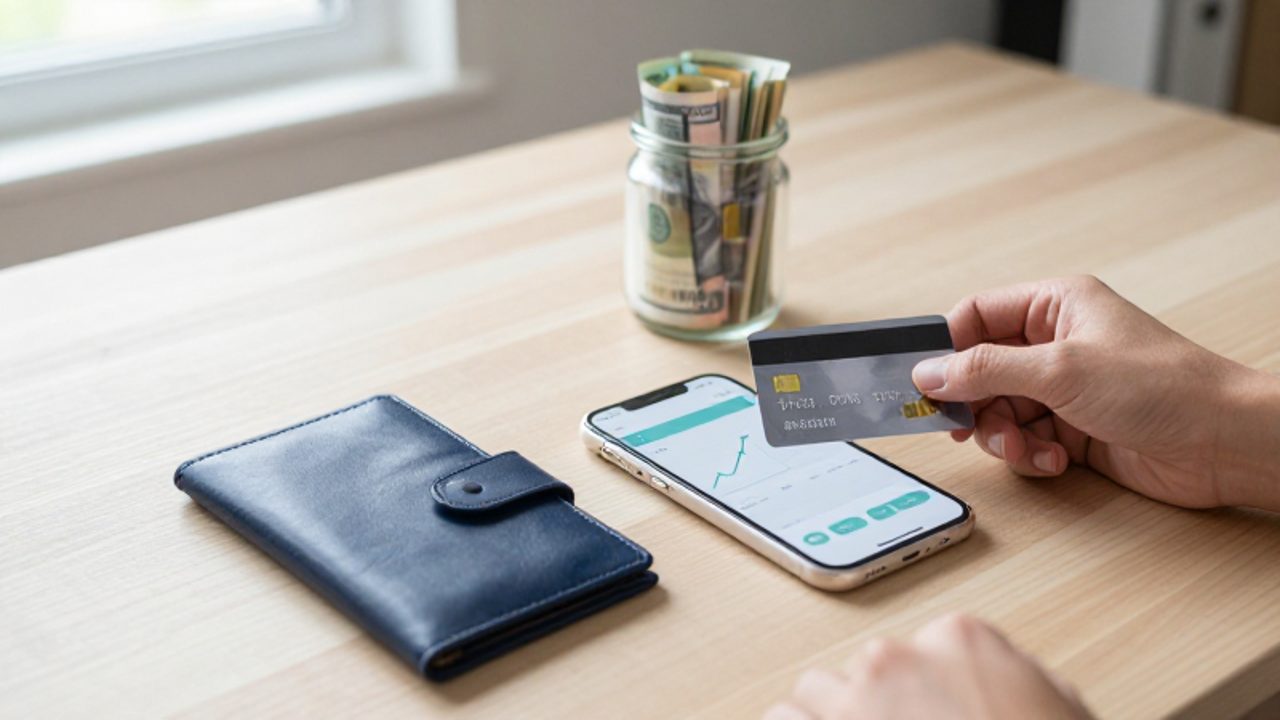 Sobre un escritorio de madera, una tarjeta bancaria, un smartphone con un gráfico de crecimiento y un frasco de cristal con billetes enrollados simbolizan el ahorro de una reserva económica.