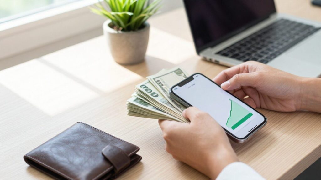 Manos organizando billetes y una cartera junto a un teléfono con una aplicación bancaria que muestra una barra de progreso ascendente sobre un escritorio de madera.