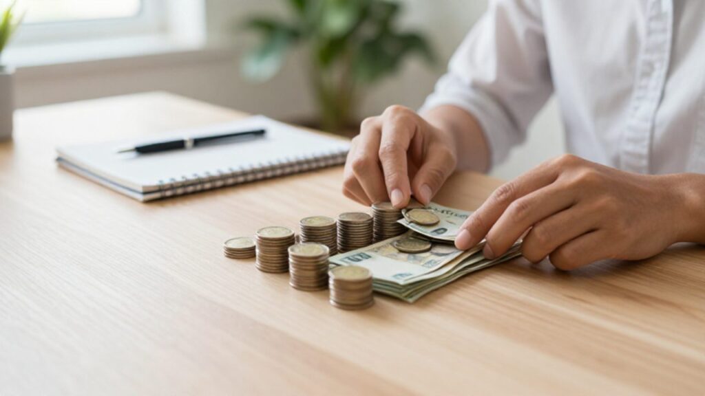 Manos organizando monedas y billetes en torres ascendentes sobre un escritorio de madera, simbolizando la construcción por niveles de un fondo de emergencia.