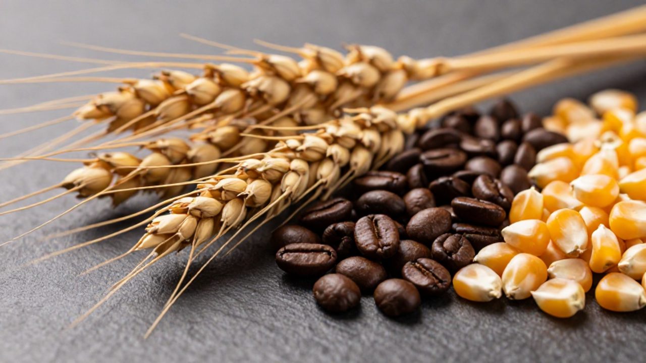 Espigas de trigo, granos de café y maíz dispuestos sobre una superficie oscura para representar materias primas agrícolas.