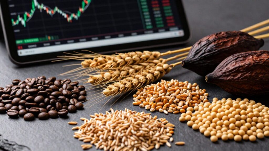Variedad de materias primas agrícolas como granos de café, trigo, cacao y maíz dispuestos junto a una tableta con gráficos financieros de mercado.