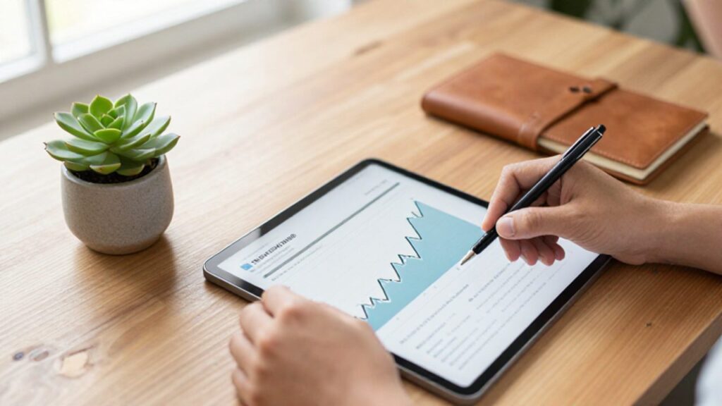 Manos organizando un portafolio de inversión sobre un escritorio de madera junto a una tablet con gráficos de crecimiento y una pequeña planta verde.