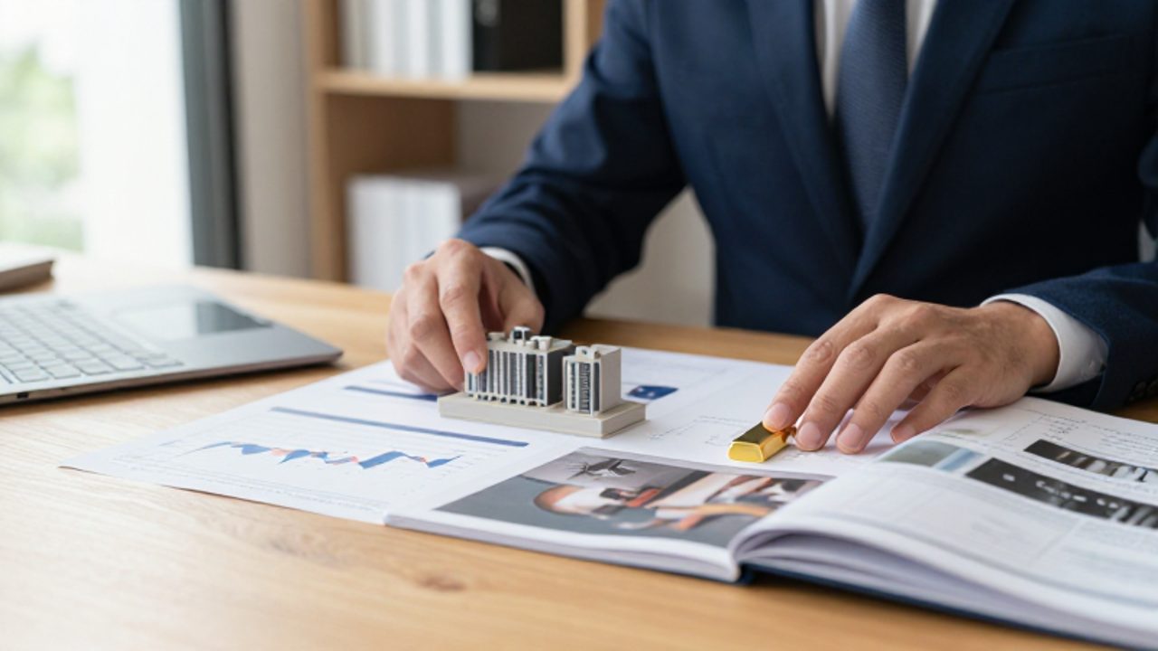 Manos de un inversor organizando activos físicos como un lingote de oro, una maqueta arquitectónica y un catálogo de arte junto a una tableta con gráficos financieros.