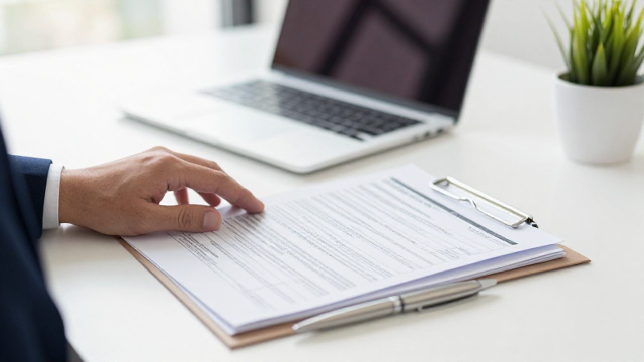 Una mano organiza documentos y formularios fiscales sobre un escritorio ordenado en una oficina moderna y luminosa.