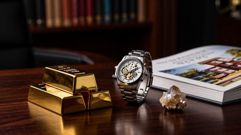 Colección de activos alternativos como lingotes de oro, un reloj de lujo y un mineral sobre un escritorio de madera oscura.