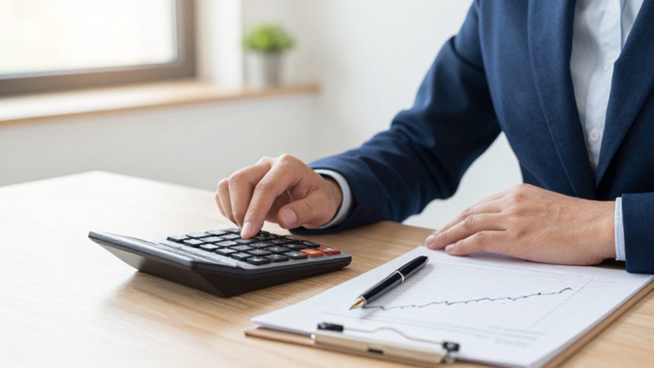 Manos de una persona realizando cálculos financieros con una calculadora y un reporte sobre un escritorio de madera, junto a un gráfico de crecimiento de inversiones.