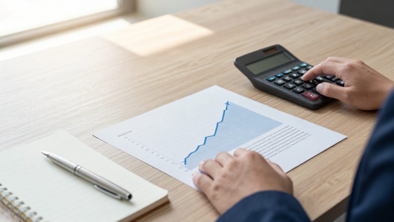 Persona analizando documentos financieros y una calculadora sobre un escritorio de madera, junto a un gráfico que muestra una tendencia de crecimiento ascendente.