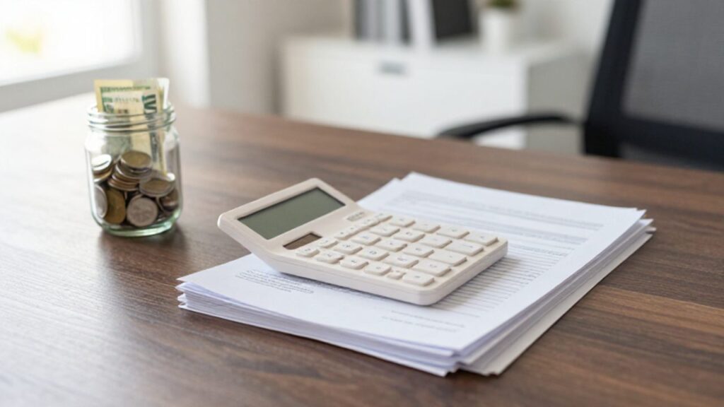 Calculadora y documentos financieros junto a un frasco con monedas y un billete sobre un escritorio de madera.