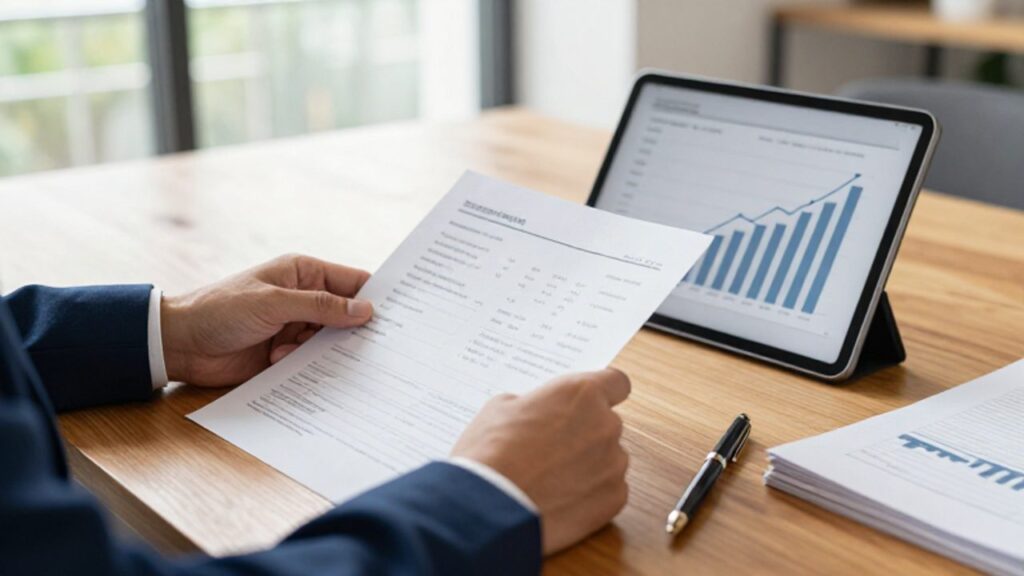 Manos revisando un informe financiero impreso y una tableta con gráficos de crecimiento sobre un escritorio de madera.