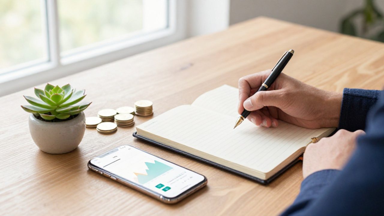 Manos escribiendo en un diario junto a un smartphone con gráficas de crecimiento, monedas y una pequeña planta sobre un escritorio de madera.