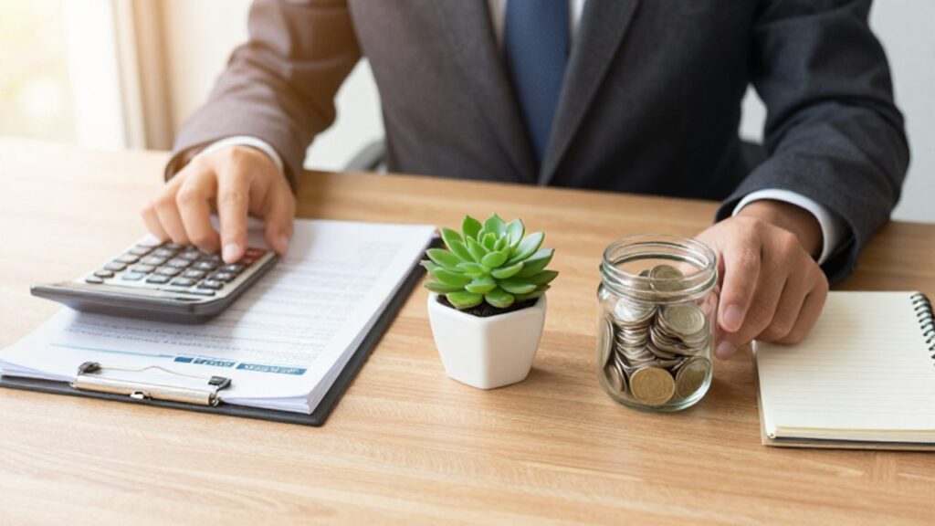 Manos de una persona organizando estados de cuenta junto a una calculadora y un frasco con monedas junto a una planta pequeña sobre un escritorio de madera.