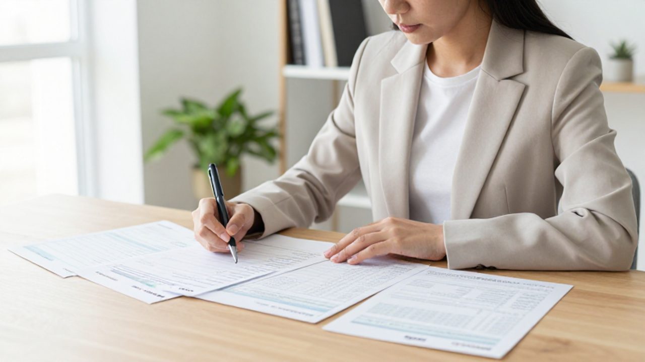 Mujer sentada en un escritorio revisando con atención facturas y documentos financieros en una oficina luminosa.