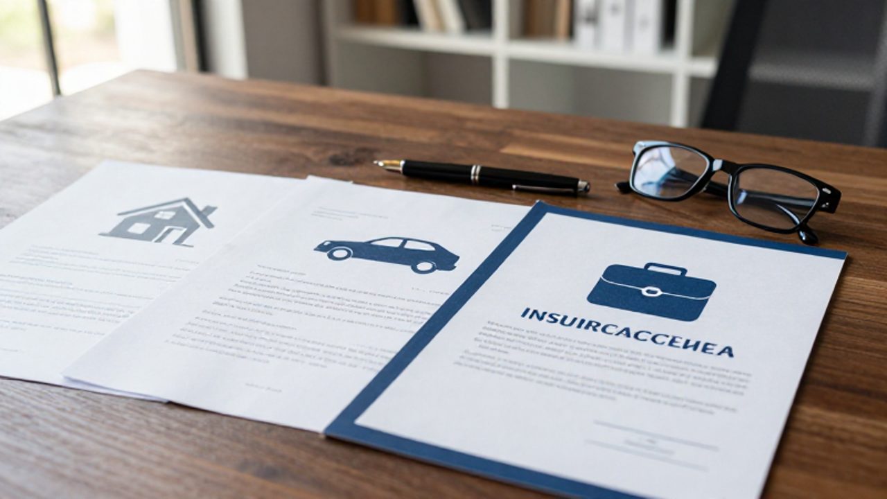 Tres pólizas de seguro sobre un escritorio de madera con iconos de una casa, un coche y un maletín para representar distintos tipos de cobertura.