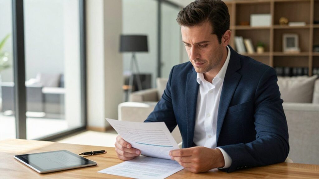 Hombre profesional revisando documentos financieros con tranquilidad en una oficina luminosa y moderna.