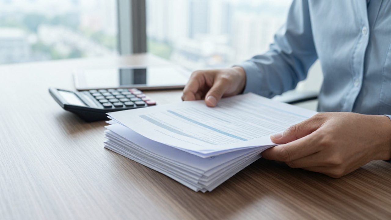 Manos de un profesional organizando documentos financieros y una calculadora sobre un escritorio de madera en una oficina luminosa.
