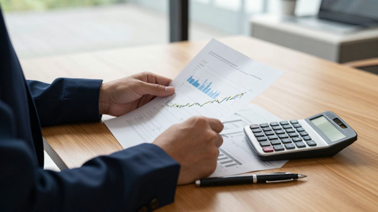 Manos revisando documentos financieros y gráficos de crecimiento sobre un escritorio con una calculadora.