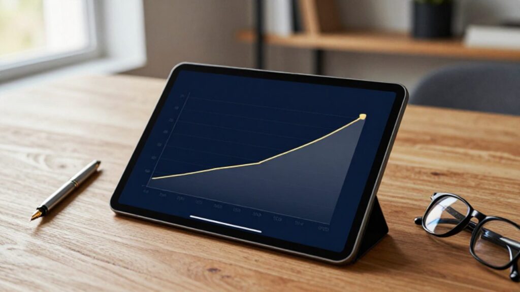 Tablet sobre un escritorio de madera que muestra un gráfico de crecimiento financiero con una curva ascendente.