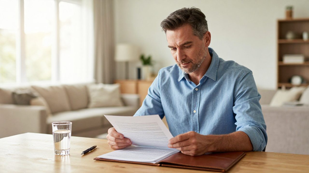Un hombre de mediana edad revisa documentos financieros con calma en un escritorio de madera dentro de una oficina moderna y luminosa.