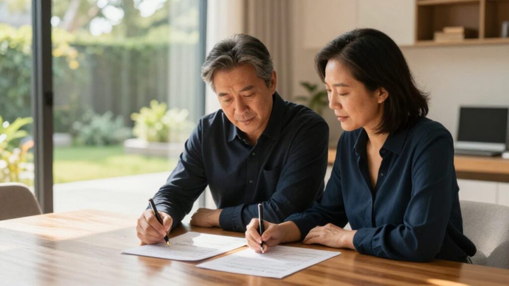 Pareja de mediana edad revisando documentos financieros con tranquilidad en una oficina luminosa.