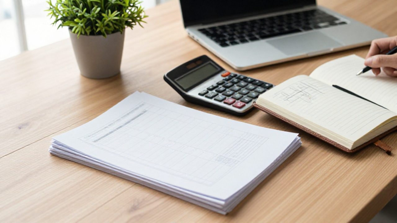 Escritorio organizado con una calculadora, un cuaderno de finanzas con gráficos y documentos sobre una mesa de madera.