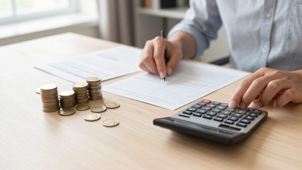 Manos organizando documentos financieros, monedas y una calculadora sobre un escritorio de madera para planificar un presupuesto.