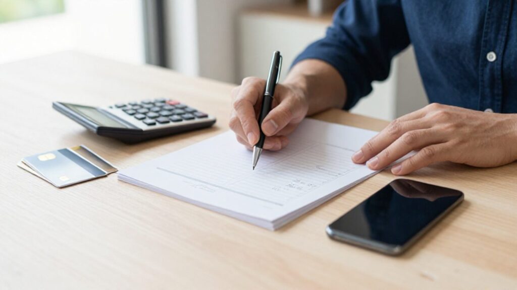 Manos organizando documentos financieros, una calculadora y un planificador con una fecha marcada sobre un escritorio de madera.