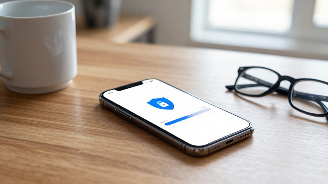 Smartphone sobre un escritorio de madera mostrando una aplicación bancaria con una barra de progreso de ahorros y un icono de escudo de seguridad.