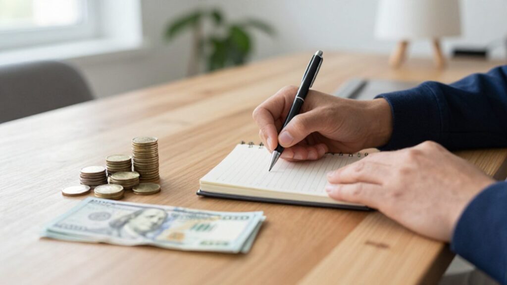 Manos de una persona escribiendo cifras en un cuaderno junto a una pequeña pila de monedas y billetes sobre un escritorio de madera.