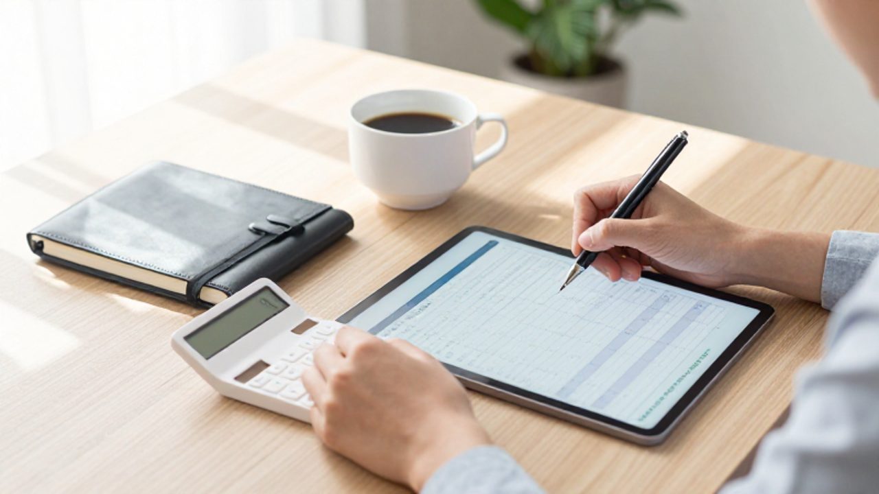 Manos organizando finanzas sobre un escritorio con una calculadora, un cuaderno y una tableta con una hoja de cálculo.