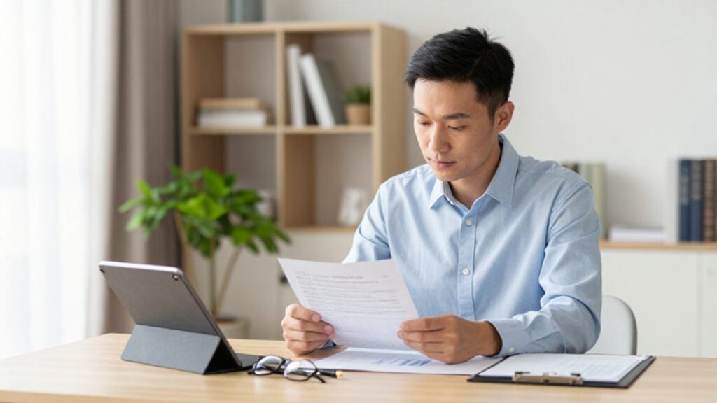 Persona joven revisando documentos financieros y una tableta en un escritorio de oficina iluminado, transmitiendo tranquilidad y organización.