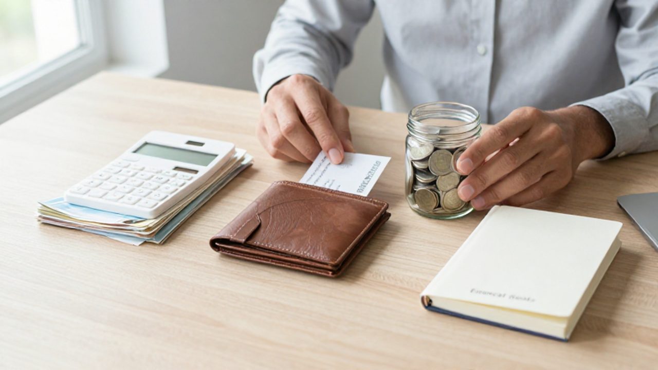 Manos organizando en un escritorio tres grupos de objetos que representan las categorías de gastos: facturas y calculadora para necesidades, una billetera para deseos y un tarro con ahorros para metas financieras.