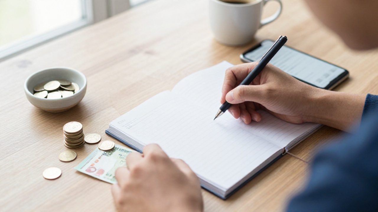 Manos de una persona organizando un presupuesto semanal en un cuaderno, junto a monedas, un billete y un teléfono móvil sobre un escritorio de madera.