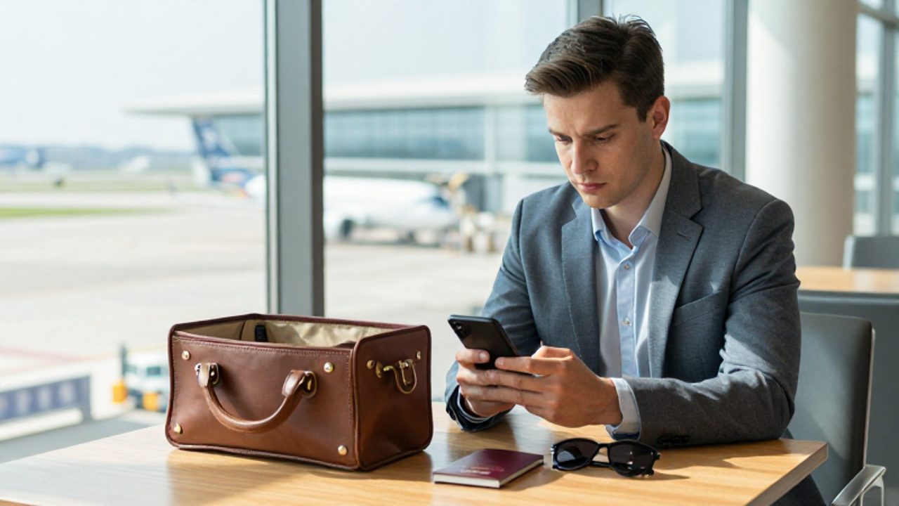 Joven viajero profesional revisa su teléfono con calma en una sala de espera de un aeropuerto junto a sus documentos de viaje.