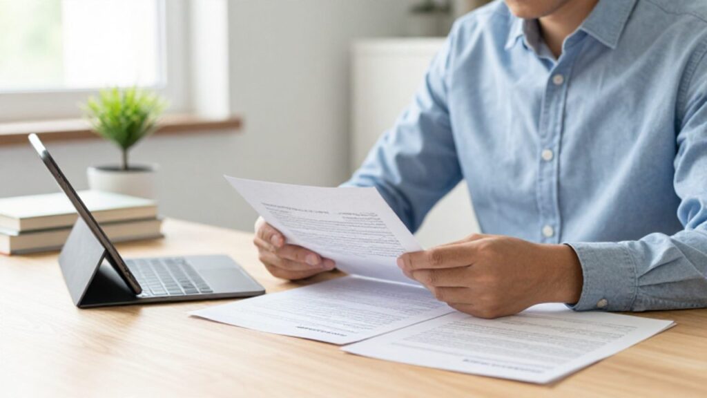 Persona concentrada revisando documentos financieros y una tableta en un escritorio organizado de una oficina moderna y luminosa.