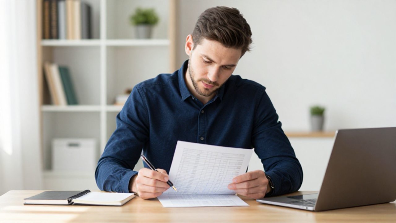 Persona concentrada revisando un plan financiero impreso sobre un escritorio organizado en una oficina luminosa.