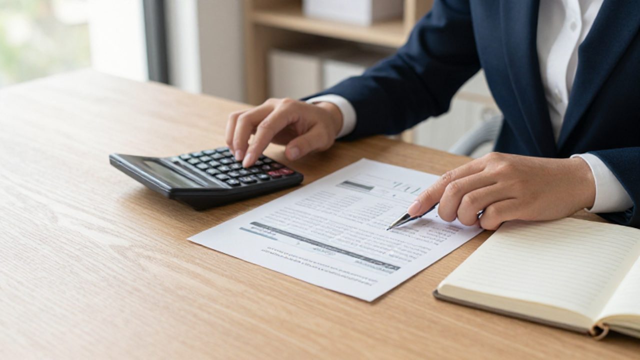 Manos de un profesional organizando documentos financieros y una calculadora sobre un escritorio de madera.