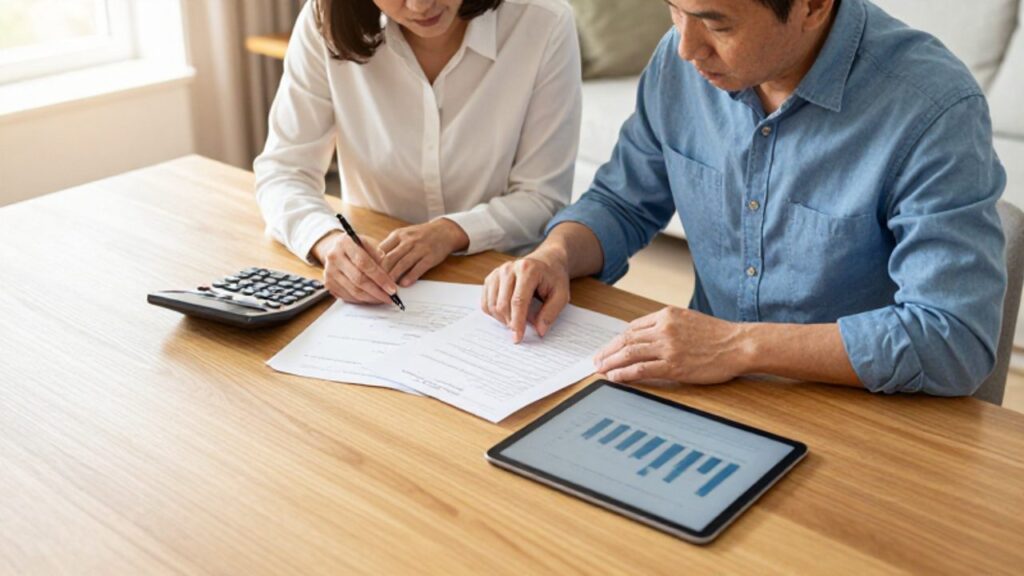 Pareja de mediana edad revisando documentos financieros y una calculadora sobre una mesa de madera en un ambiente doméstico luminoso.