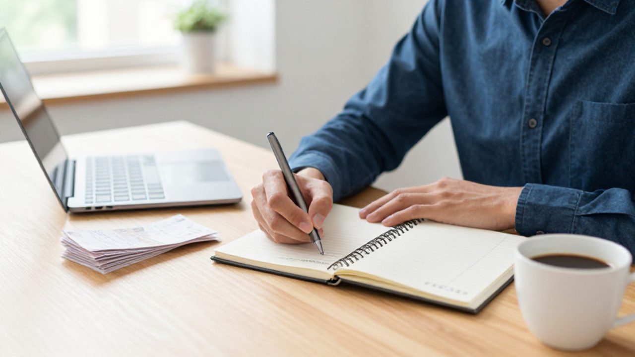 Persona concentrada escribiendo un presupuesto financiero en un cuaderno sobre un escritorio ordenado en una oficina iluminada.