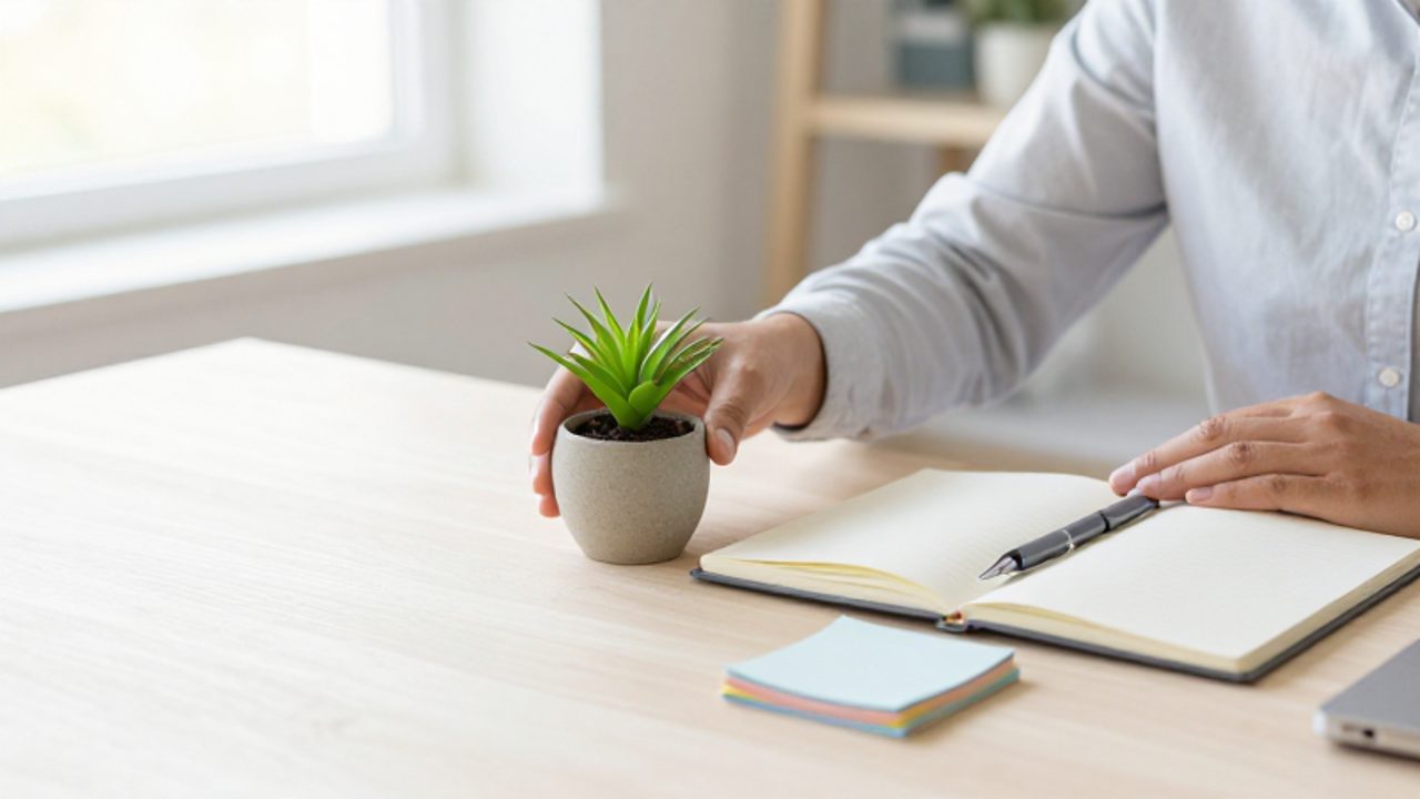 Manos organizando un escritorio despejado con una pequeña planta, un cuaderno abierto y un montón de papeles ordenados que simbolizan el control financiero.
