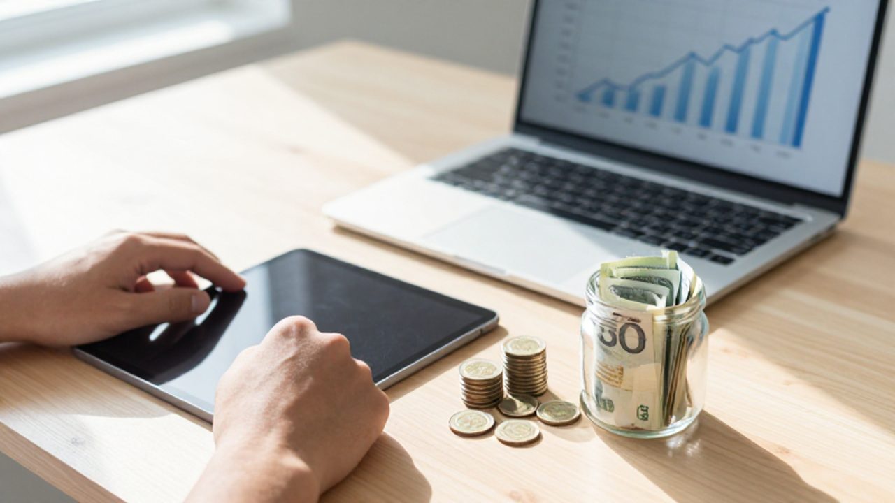 Manos organizando ahorros con una tableta, monedas, billetes en un frasco y una gráfica de crecimiento financiero de fondo sobre un escritorio de madera.
