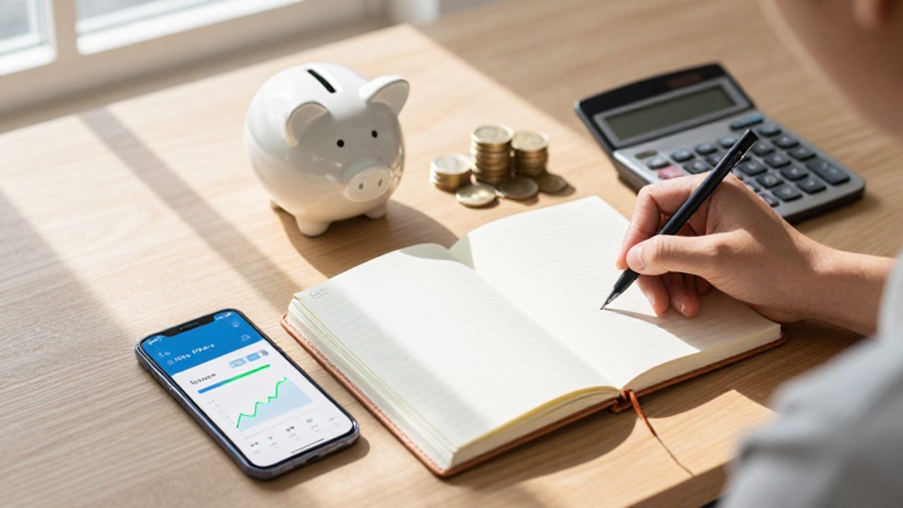 Escritorio organizado de madera con un smartphone que muestra una aplicación bancaria con gráficos de ahorro, una agenda, monedas y una hucha de cerámica.