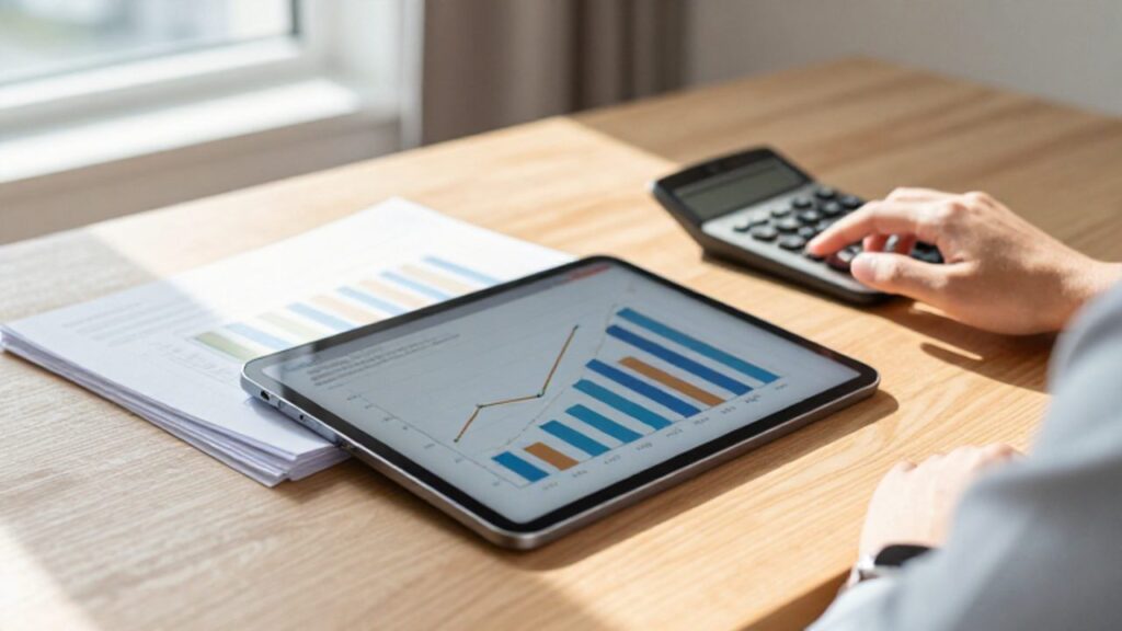 Una tableta muestra un gráfico de barras con crecimiento constante sobre un escritorio ordenado con documentos y una calculadora.