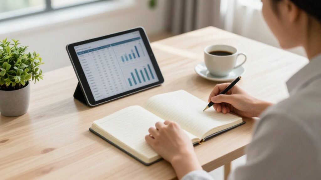 Persona sentada en un escritorio minimalista organizando sus finanzas con una agenda y una tableta que muestra gráficos de presupuesto.