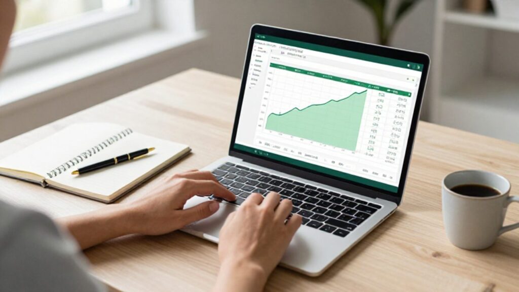 Persona trabajando en un escritorio con una hoja de cálculo de proyecciones financieras en la pantalla de un portátil y un cuaderno para planificar sus ahorros.