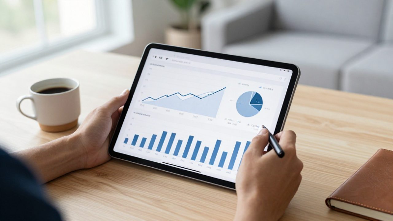 Manos analizando gráficos comparativos de crecimiento financiero en una tablet sobre un escritorio de oficina.