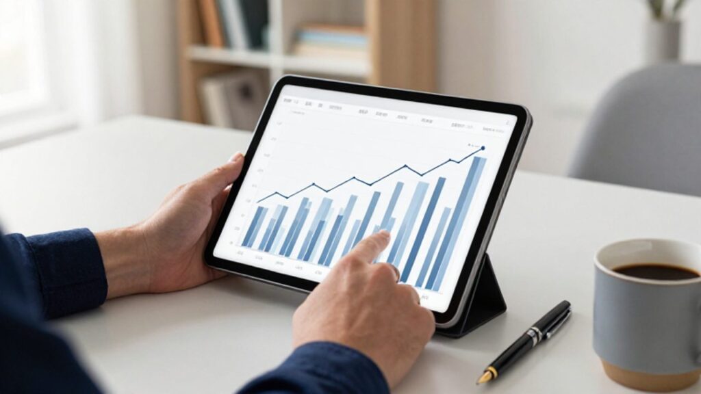 Manos analizando gráficos de crecimiento financiero y datos de inversión en una tableta sobre un escritorio de oficina.
